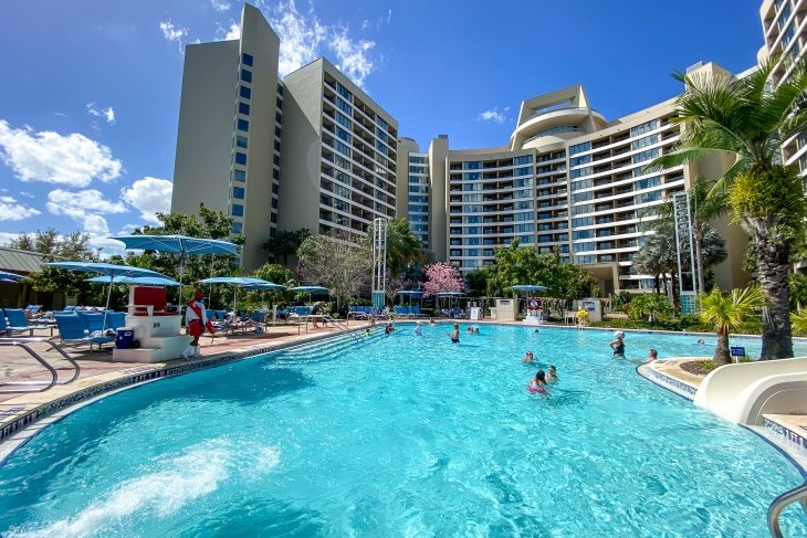 The pool area faces Bay Lake. 