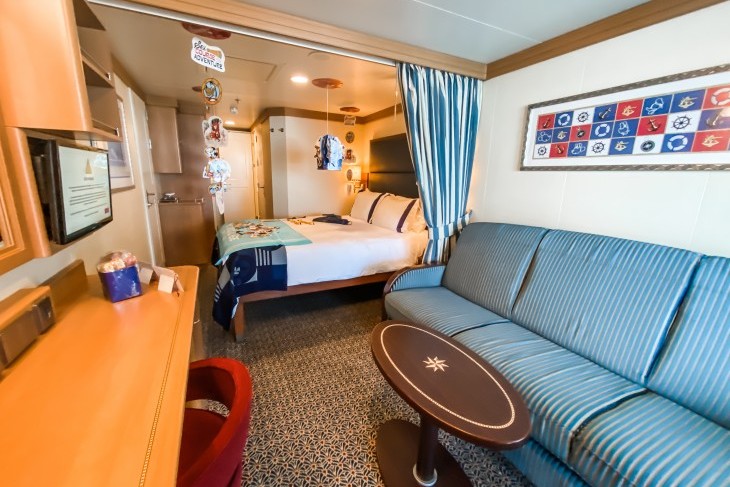 Disney Dream and Fantasy's Deluxe Oceanview Staterooms with Verandah decorated for sail away 