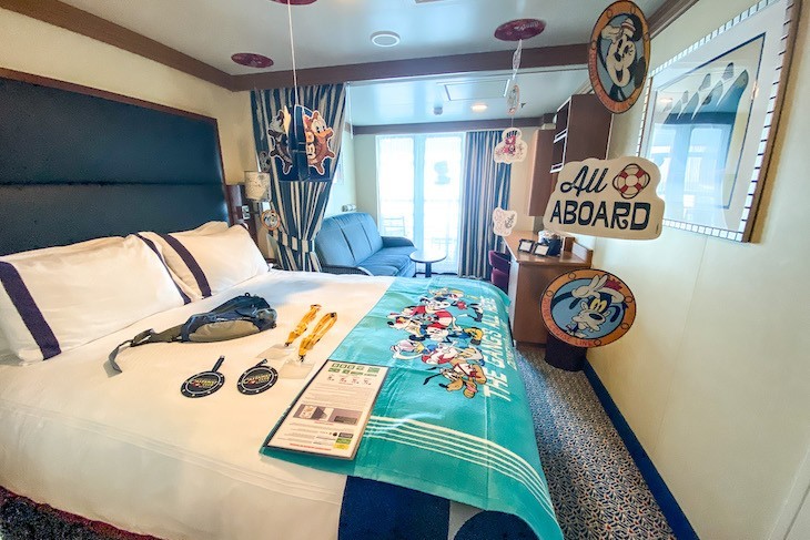 Disney Dream and Fantasy's Deluxe Oceanview Staterooms with Verandah decorated for sail away 