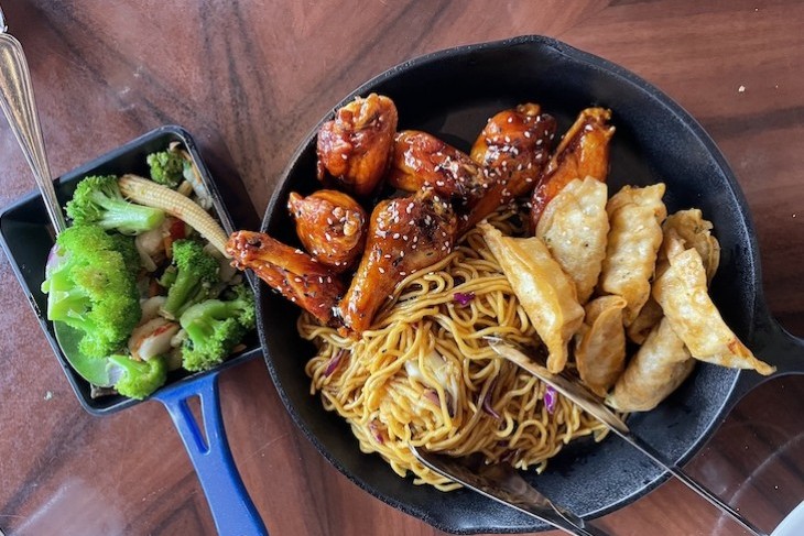 Honey-Coriander Chicken Wings, Pork Dumplings Tossed In Garlic-Chili Sauce, 'Ohana Noodles, Seasonal Vegetables