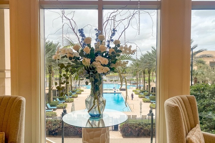 Relax in the lobby overlooking the gorgeous pool